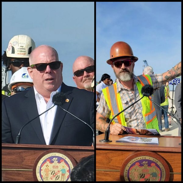 Maryland Gov. Larry Hogan (left) and John Boland, product support sales representative at MGX (right) speak at the ribbon cutting on the grand opening of the new Nice-Middleton Bridge.
